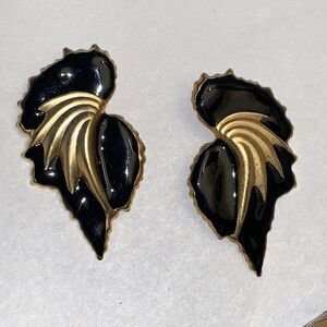 1980s Pierced Earrings, Large Black Enamel Abstract Leaf or Flame Earring